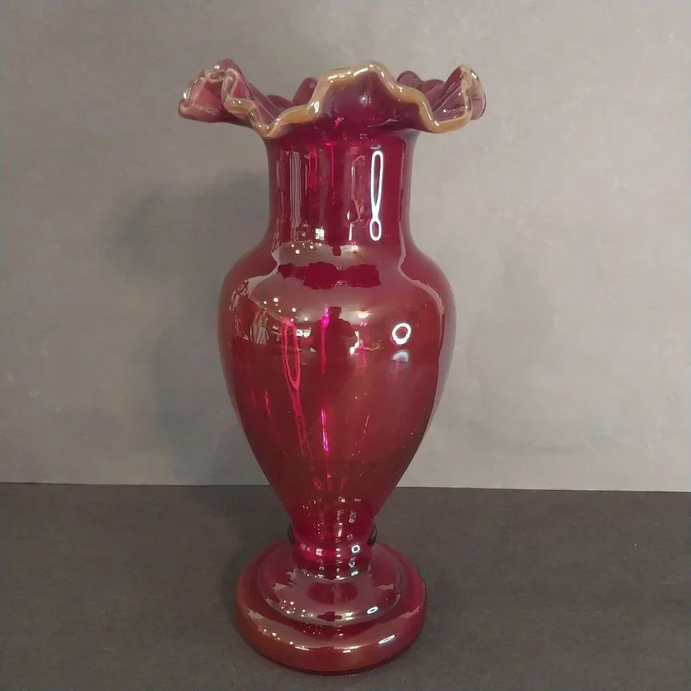 Ruby Red Amberina Glass Vase GLOWS Antique Vintage Ruffled Top